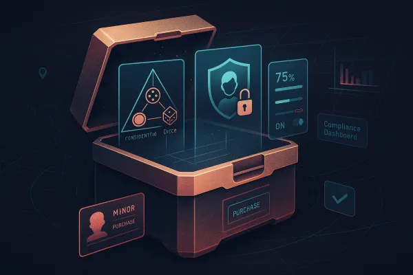 Loot box as compliance dashboard with gambling test, child-safety lock, and region toggles.