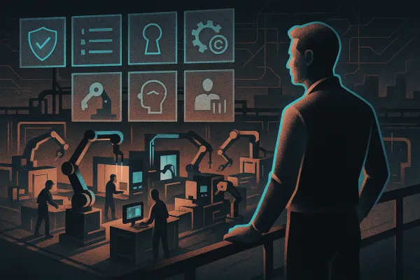 Silhouetted lead on catwalk over factory; robots work below; HUD icons suggest legal oversight.