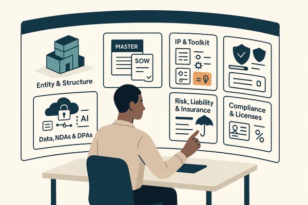 Consultant pilots a legal control hub: entity, contracts, IP, data, risk, compliance.