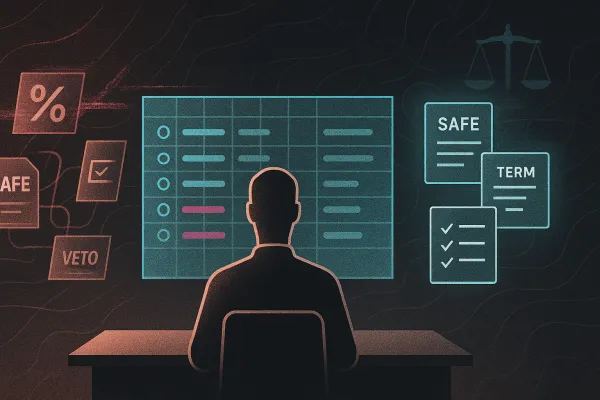 Silhouetted founder at desk reviews cap table; messy angel terms left, clean legal stack right.