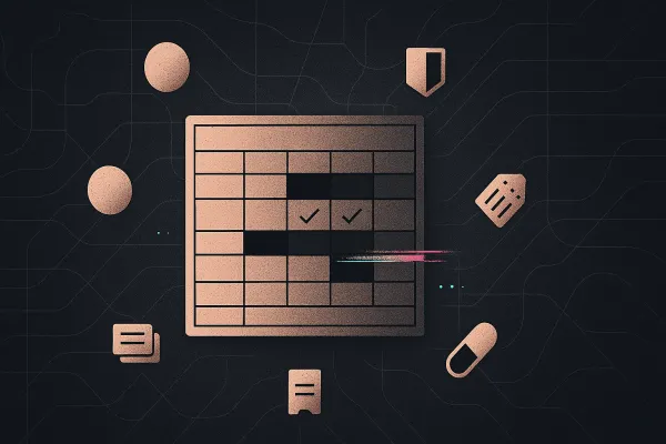 Rose-gold cap table panel with orbiting security icons, audit dots, subtle glitch on charcoal.