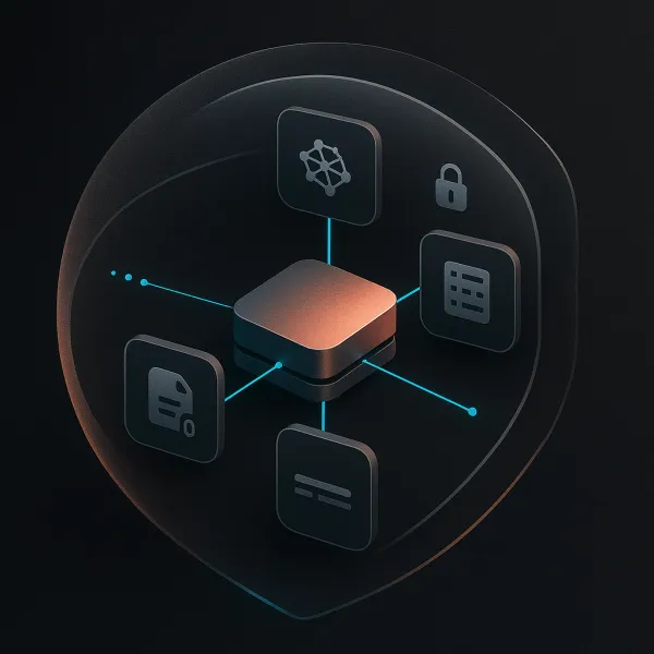 Isometric domain hub: copper node with orbiting app tiles, shielded subdomains, cyan links.