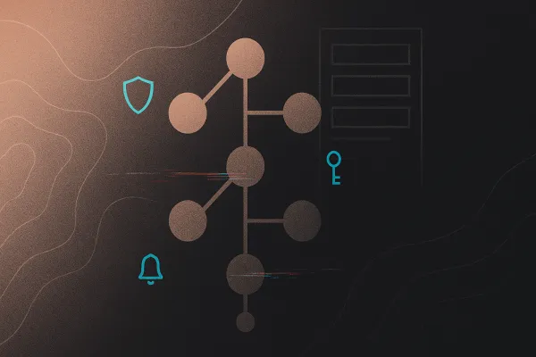 Futuristic node-backbone workflow on rose-gold/charcoal grain; cyan shield/key/bell checkpoints