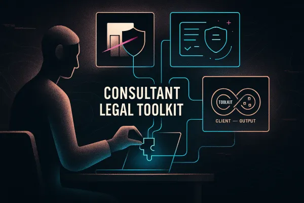Silhouetted consultant at desk; four legal toolkit panels arc, linked to laptop by cyan circuits.