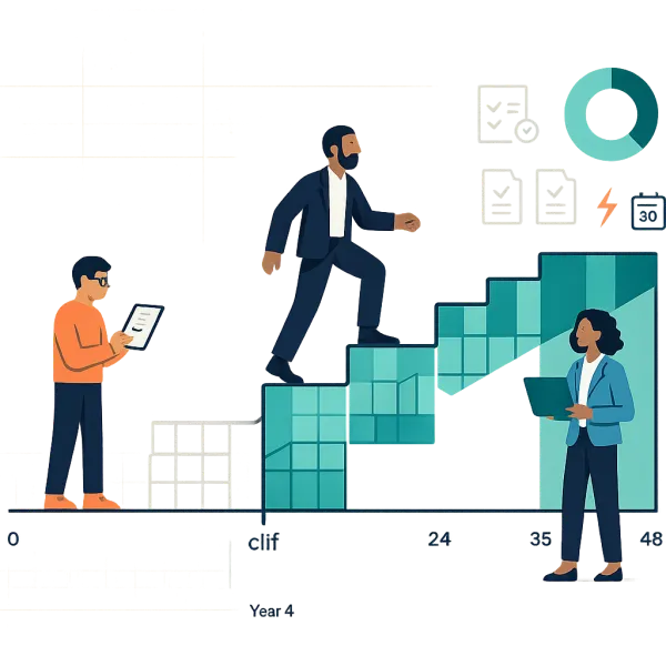 Vector illustration of a vesting timeline with a 1-year cliff and rising steps to 4 years