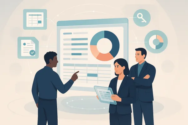 Isometric cap table dashboard with diverse team; linked legal docs, SAFEs/options, donut chart.