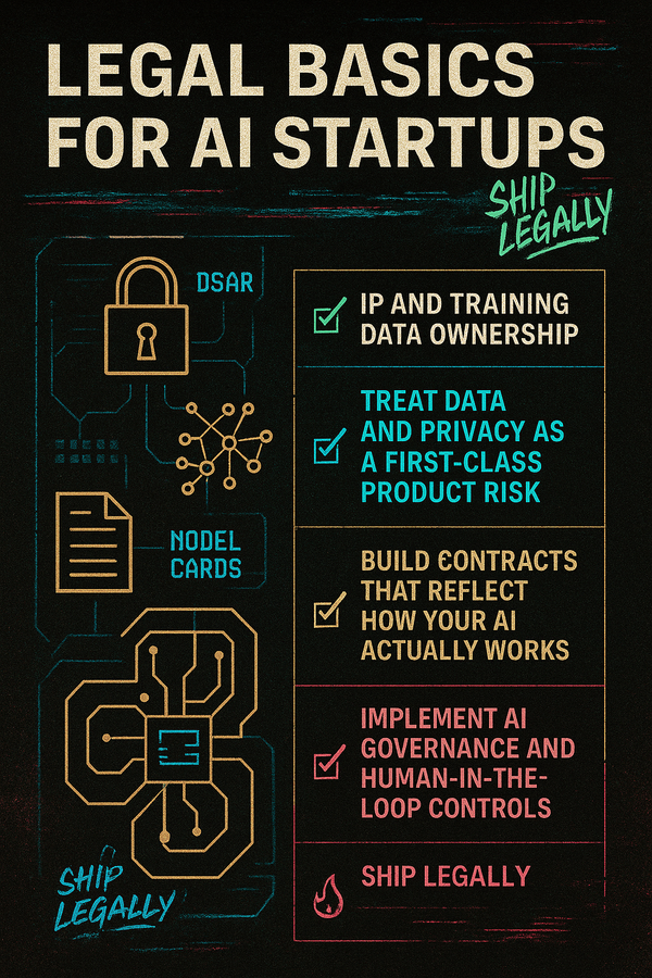 LEGAL BASICS FOR AI STARTUPS — IP & DATA • PRIVACY • CONTRACTS • GOVERNANCE — SHIP LEGALLY. Neon text on a dark glitch background with tech and legal-themed icons.