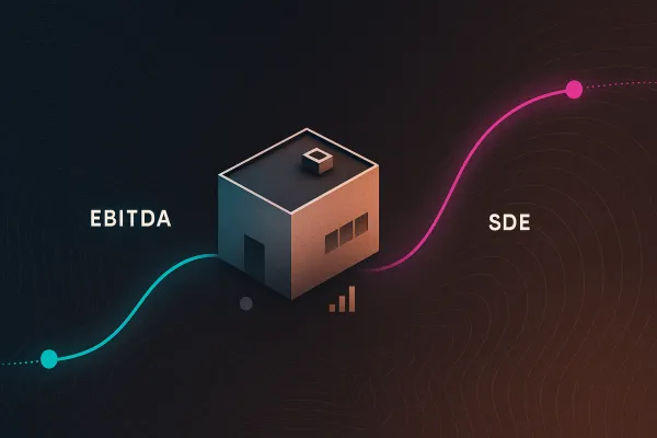 Metallic business block with diverging EBITDA (cyan) and SDE (magenta) valuation curves.