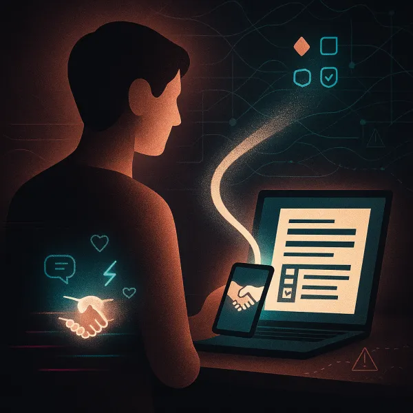 Founder transforms phone handshake into a crisp legal document on laptop, dark tech backdrop