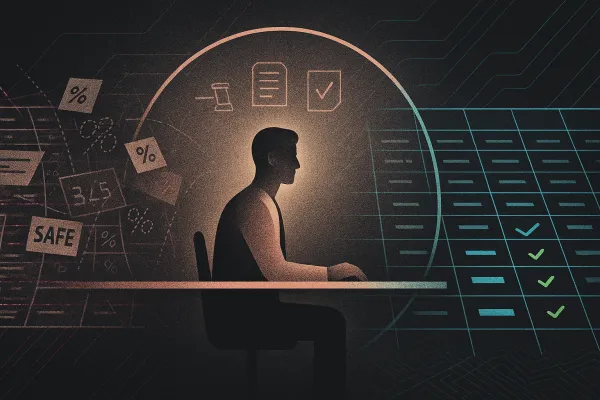 Founder silhouette at desk-grid; messy cap table left, ordered right; rose-gold lawyer review arc.