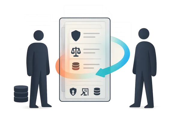 Abstract figures transfer segmented risk flow through layered contract with shield/coins icons