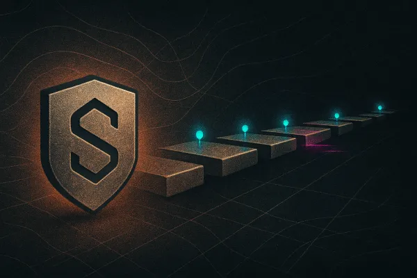 Metallic digital trademark plaque with receding timeline, cyan checkpoints, and risk halos