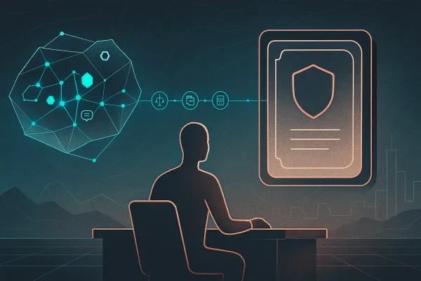 Founder at desk linking abstract DAO network to rigid legal frame via glowing cyan roadmap path