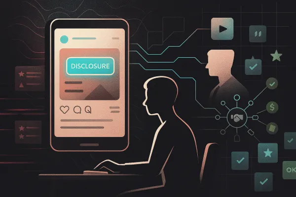 Influencer and compliance team guide a phone UI with glowing disclosure chip and platform icons.