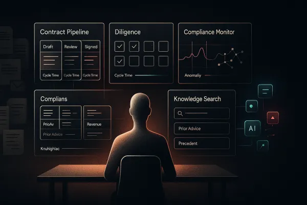 Sleek war‑room with metallic figure facing legal workflow dashboards, AI assist, chaos‑to‑clarity.