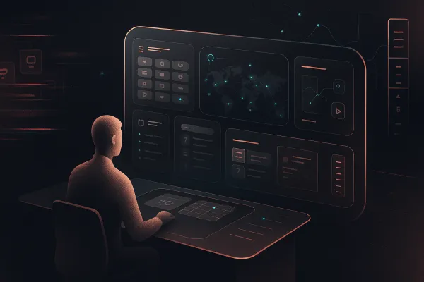Isometric dashboard: metallic silhouette tames chaotic trademark risks into an ordered workflow
