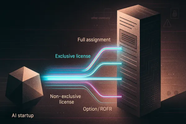 AI startup node linked to patent tower by four glowing deal paths on a dark glitchy grid
