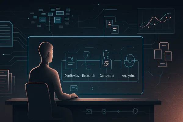 Lawyer silhouette before a unified AI legal pane with flows, analytics, and human review.
