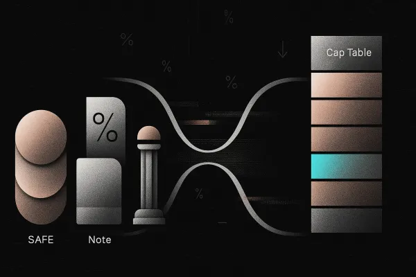 Abstract convertible tokens funnel into a cap table stack, metallic grain on charcoal with glitch accent.