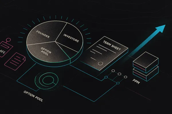 Isometric blueprint table showing cap table disk and VC legal tracks in neon cyan/rose gold on black.