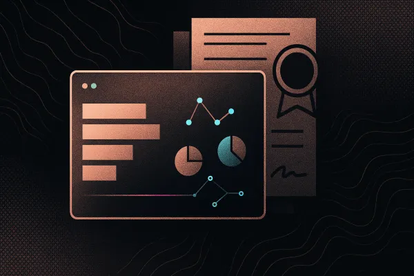 Cap table dashboard over legal docs with seal and glitch, rose-gold on charcoal with cyan nodes