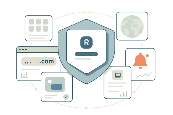 Layered UI-card shield with orbiting domain, app, marketplace, globe, and alert tiles.