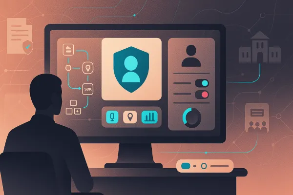 Adult silhouette viewing COPPA-style dashboard with child shield, data flows, and consent controls