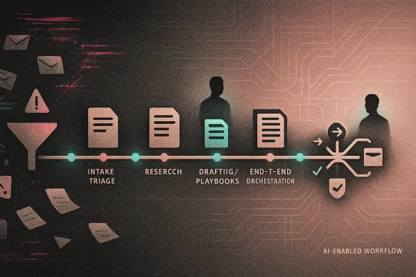 Abstract legal workflow: chaotic left to AI-governed pipeline with lawyer checkpoints