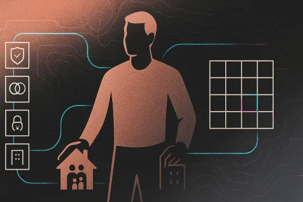 Rose-gold founder silhouette between legal checklist and cap table, balancing family and startup.