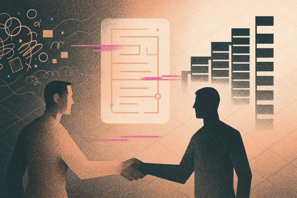 Two metallic silhouettes, floating contract; left chaos morphs to right clean cap table.