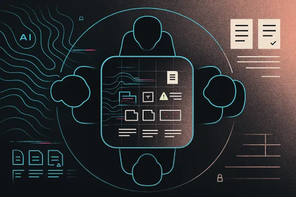 Abstract M&A table; cyan AI lines left, warm legal lines right, glowing data grid center chair halos