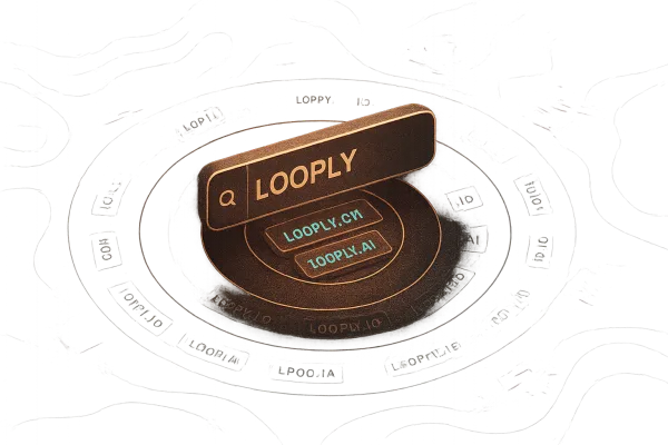 Address bar with concentric domain rings, rose-gold shield, glitching outliers, subtle topo lines.