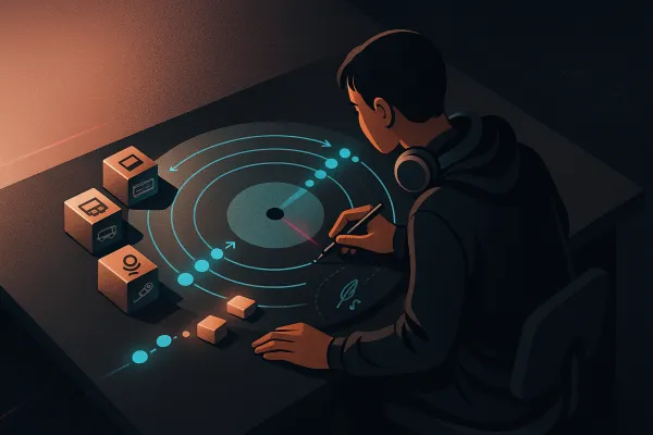 Artist models recoupment on a record-shaped contract blueprint; royalties melt advance blocks.