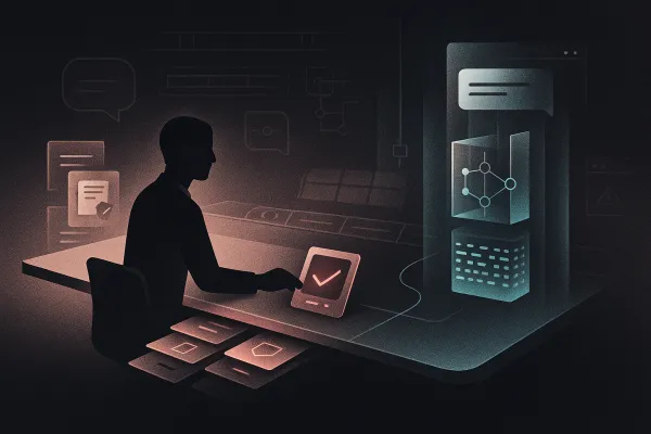 Minimalist legal control room: lawyer at desk, AI stack, data flowing through approval gate.