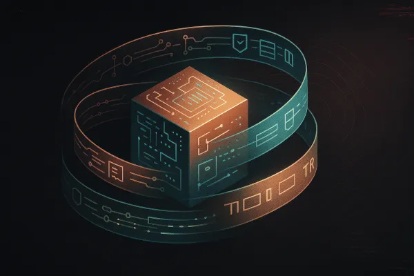 Glowing circuit cube with orbiting IP, data, and brand bands—legal scaffolding for a startup