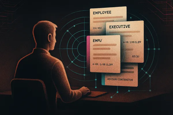 Founder at desk with floating offer stack linked to a glowing equity cap table diagram.