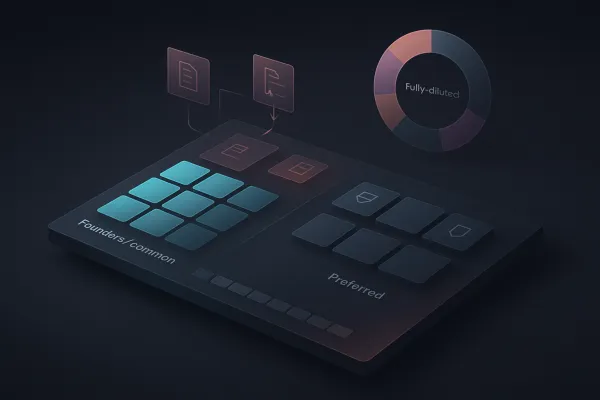 Isometric cap table on dark field; founders, investors, option band, SAFEs converting, ring chart.