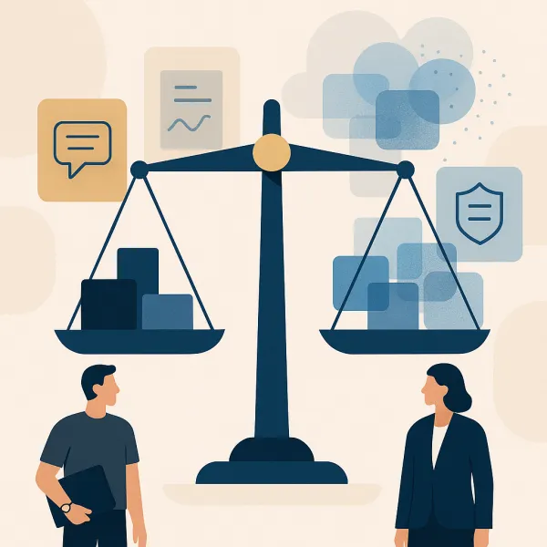 Abstract justice scale with solid vs translucent plates, tilted toward presumed damages