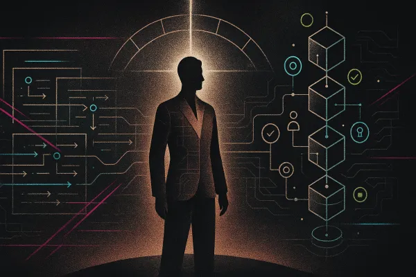 Confident lawyer silhouette bridging abstract AI pipeline and Web3 blockchain with grainy glitch accents