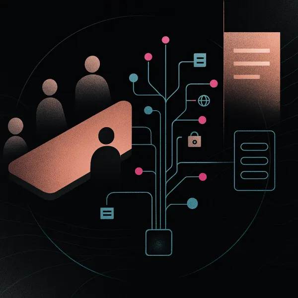 Metallic boardroom table with branching data map and aligned policy/system panels on dark grain.