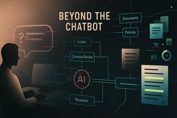 Lawyer with fuzzy chatbot left; integrated legal AI workflows and contract review right
