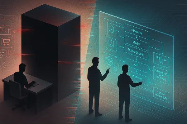 Split scene: black-box lawyering vs tech-literate duo mapping a clear, modular system.