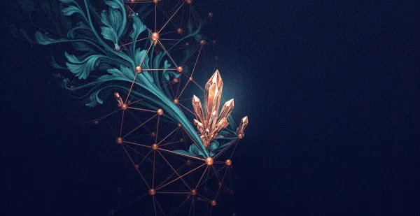 Teal crystalline forms emerge from copper lattice amid baroque foliage on deep navy background