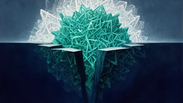 Abstract teal crystal lattice with sharp break on navy, grainy fresco texture, dark right void