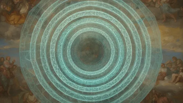 Teal geometric shield with copper lattice core on dark navy fresco, left-weighted with blank right space
