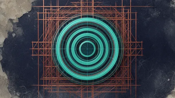 Abstract fresco with teal concentric circles in copper lattice on navy, left-weighted.
