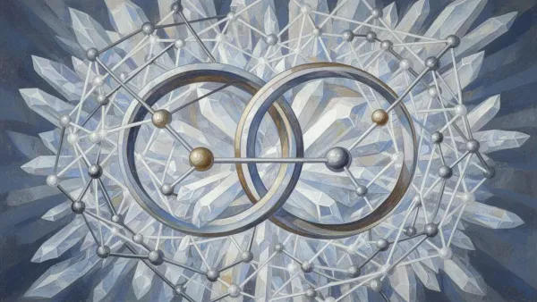 Abstract fresco: teal interlocking rings and copper lattice on navy, aged grain, right void
