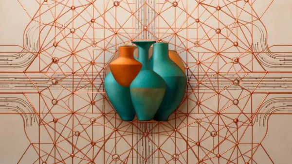 Abstract teal vessels in copper lattice on deep navy fresco, left-centered with right negative space