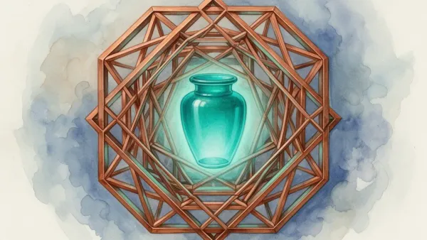 Luminous teal vessel in bronze lattice on navy fresco, teal streams; grainy, right space