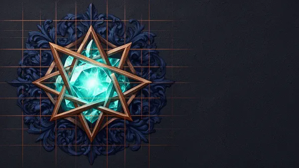 Glowing teal crystal in bronze/navy lattice, fresco texture; focal left, negative space right